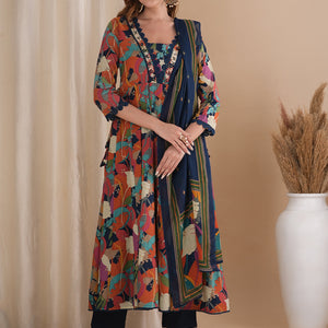 Abstract Floral Printed & Embroidered Anarkali Kurta with Pant & Dupatta - Multi