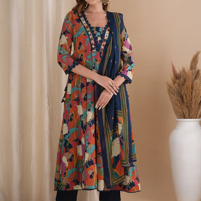 Abstract Floral Printed & Embroidered Anarkali Kurta with Pant & Dupatta - Multi