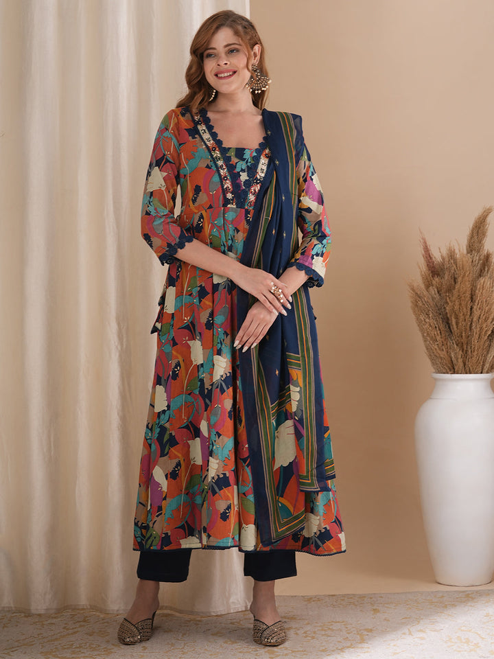 Abstract Floral Printed & Embroidered Anarkali Kurta with Pant & Dupatta - Multi