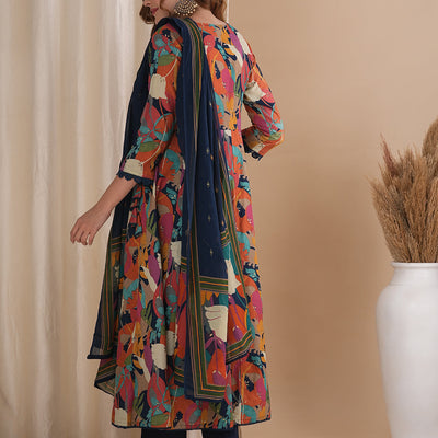 Abstract Floral Printed & Embroidered Anarkali Kurta with Pant & Dupatta - Multi