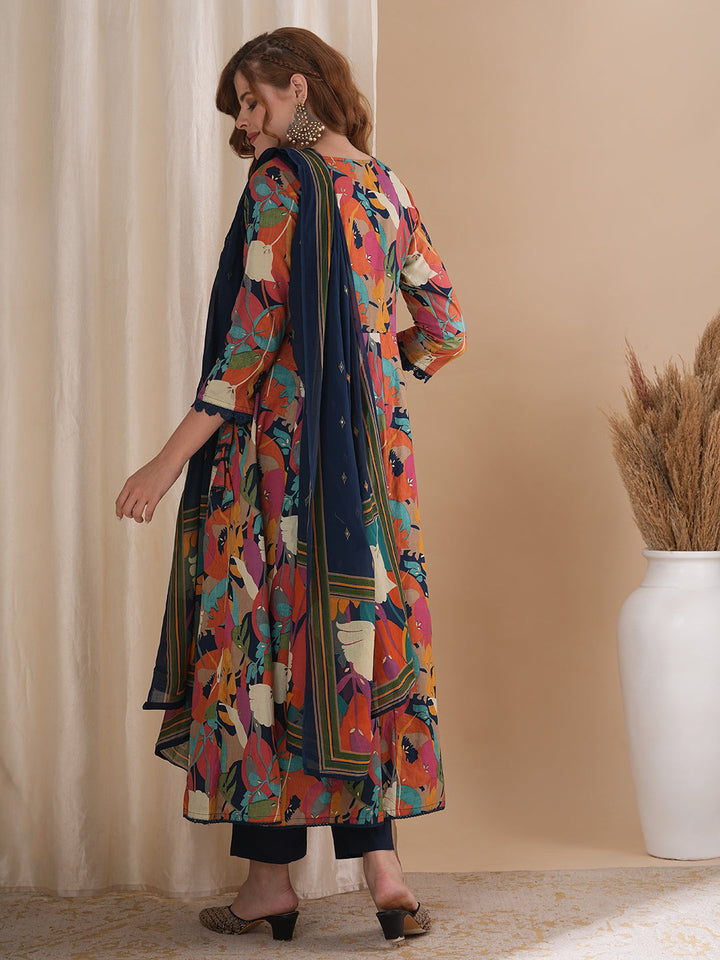 Abstract Floral Printed & Embroidered Anarkali Kurta with Pant & Dupatta - Multi