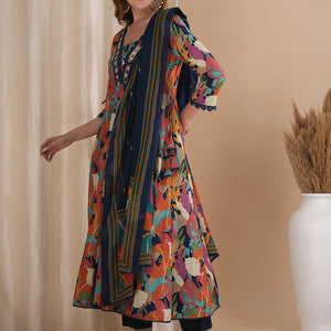 Abstract Floral Printed & Embroidered Anarkali Kurta with Pant & Dupatta - Multi