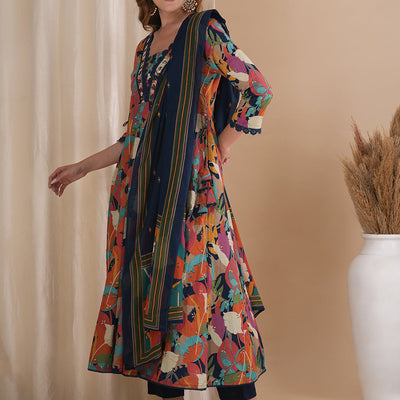 Abstract Floral Printed & Embroidered Anarkali Kurta with Pant & Dupatta - Multi