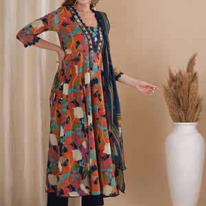 Abstract Floral Printed & Embroidered Anarkali Kurta with Pant & Dupatta - Multi