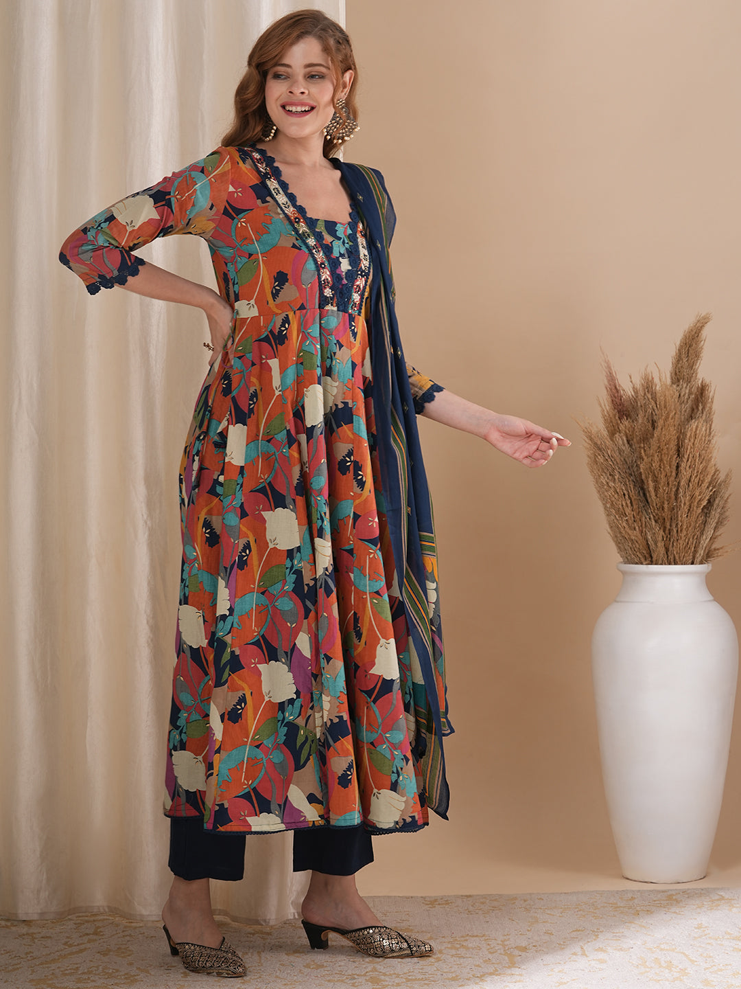 Abstract Floral Printed & Embroidered Anarkali Kurta with Pant & Dupatta - Multi