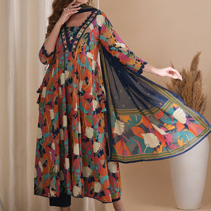 Abstract Floral Printed & Embroidered Anarkali Kurta with Pant & Dupatta - Multi