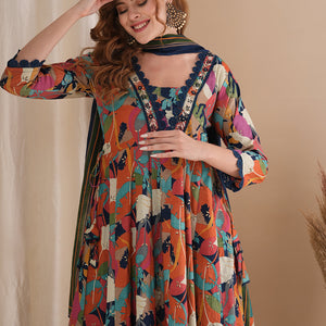 Abstract Floral Printed & Embroidered Anarkali Kurta with Pant & Dupatta - Multi