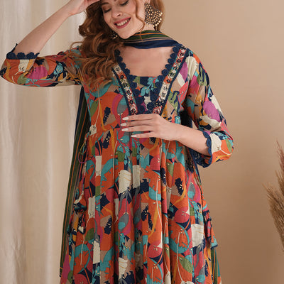 Abstract Floral Printed & Embroidered Anarkali Kurta with Pant & Dupatta - Multi