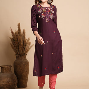 Ethnic Woven & Floral Hand Embroidered Straight Fit Kurta - Burgundy