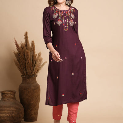 Ethnic Woven & Floral Hand Embroidered Straight Fit Kurta - Burgundy