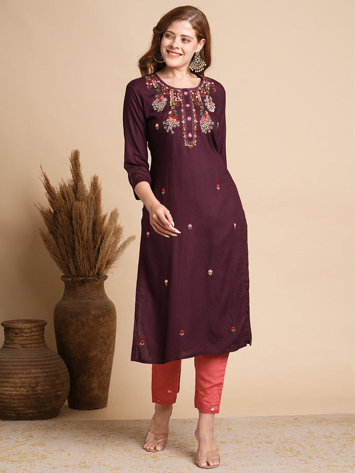 Ethnic Woven & Floral Hand Embroidered Straight Fit Kurta - Burgundy