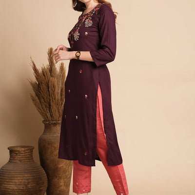 Ethnic Woven & Floral Hand Embroidered Straight Fit Kurta - Burgundy