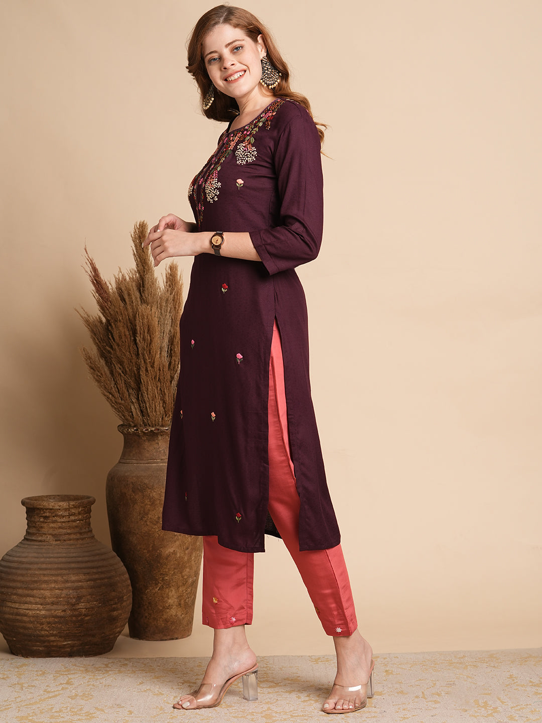 Ethnic Woven & Floral Hand Embroidered Straight Fit Kurta - Burgundy