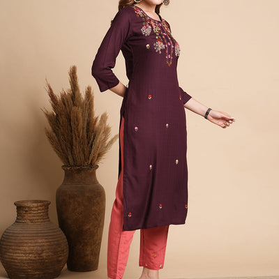 Ethnic Woven & Floral Hand Embroidered Straight Fit Kurta - Burgundy