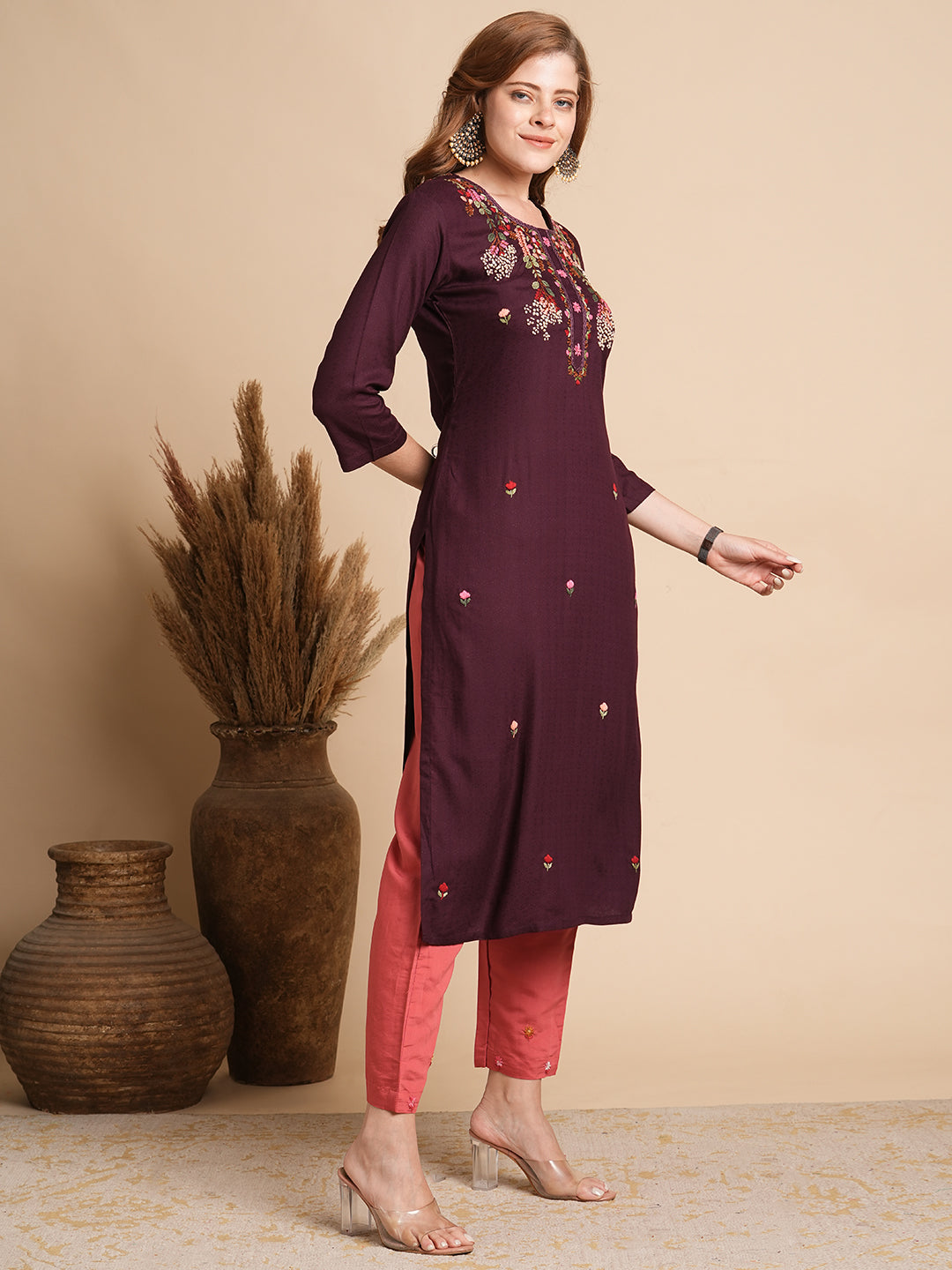 Ethnic Woven & Floral Hand Embroidered Straight Fit Kurta - Burgundy