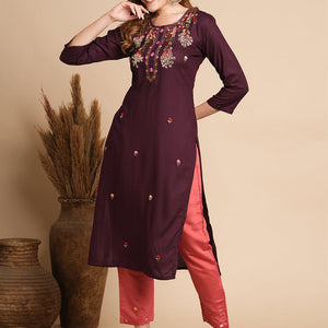 Ethnic Woven & Floral Hand Embroidered Straight Fit Kurta - Burgundy