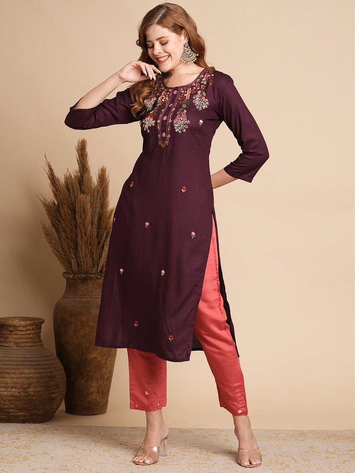 Ethnic Woven & Floral Hand Embroidered Straight Fit Kurta - Burgundy