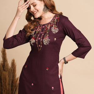 Ethnic Woven & Floral Hand Embroidered Straight Fit Kurta - Burgundy