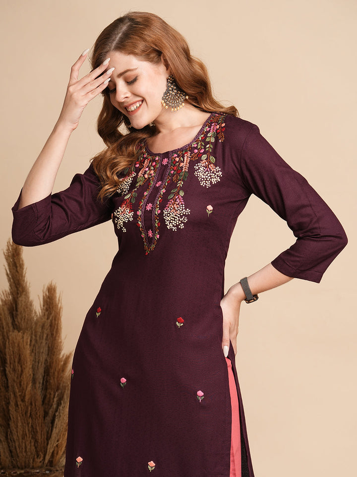 Ethnic Woven & Floral Hand Embroidered Straight Fit Kurta - Burgundy