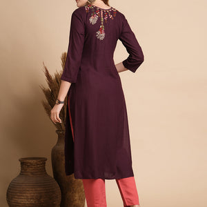 Ethnic Woven & Floral Hand Embroidered Straight Fit Kurta - Burgundy