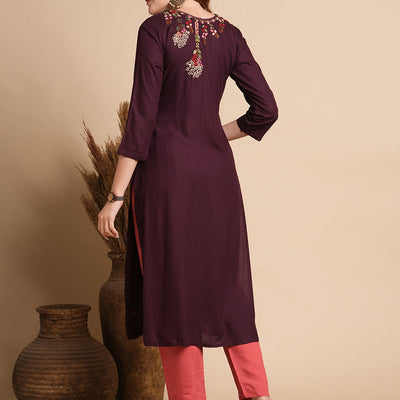 Ethnic Woven & Floral Hand Embroidered Straight Fit Kurta - Burgundy