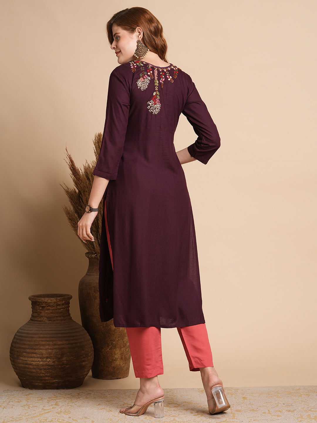 Ethnic Woven & Floral Hand Embroidered Straight Fit Kurta - Burgundy