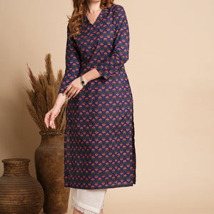 Floral Printed Straight Fit Kurta - Blue