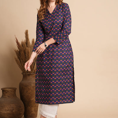 Floral Printed Straight Fit Kurta - Blue