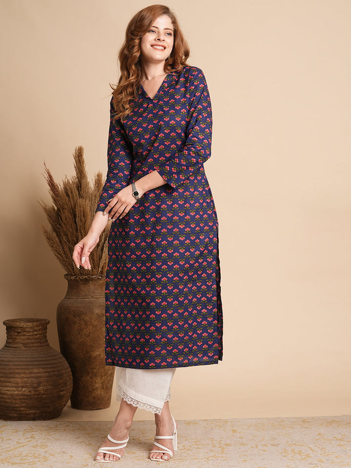 Floral Printed Straight Fit Kurta - Blue