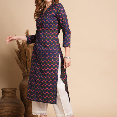 Floral Printed Straight Fit Kurta - Blue