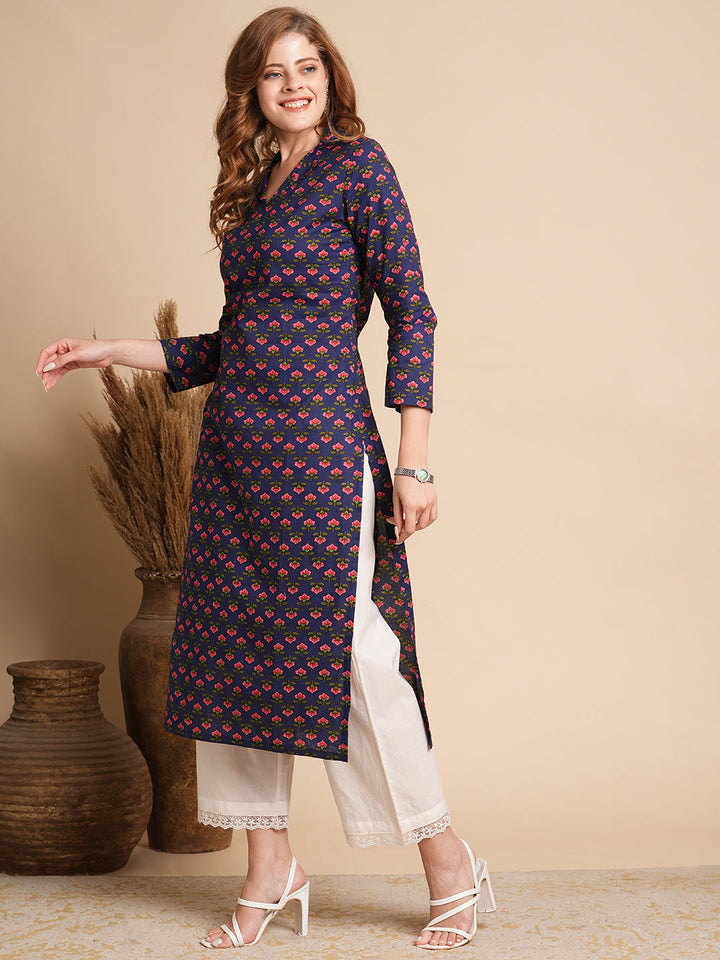 Floral Printed Straight Fit Kurta - Blue