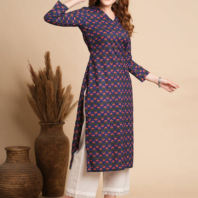 Floral Printed Straight Fit Kurta - Blue