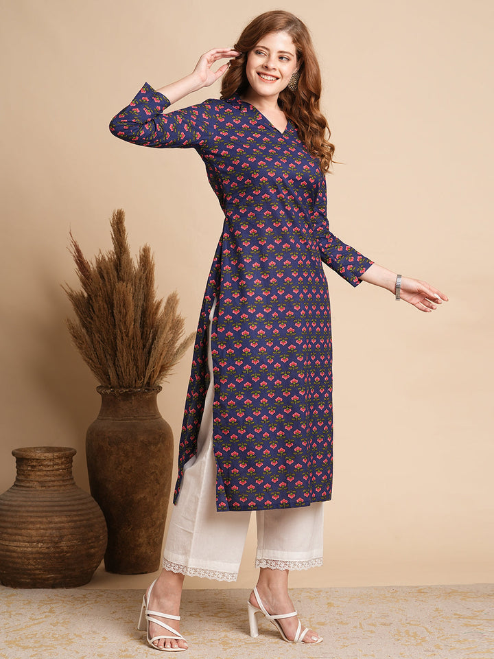 Floral Printed Straight Fit Kurta - Blue