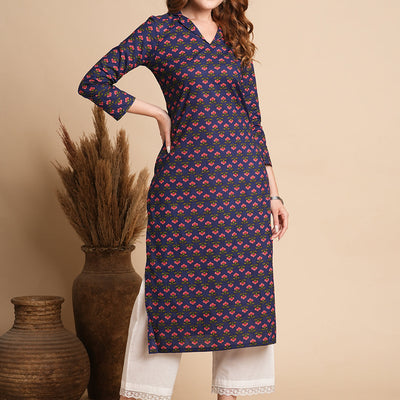 Floral Printed Straight Fit Kurta - Blue