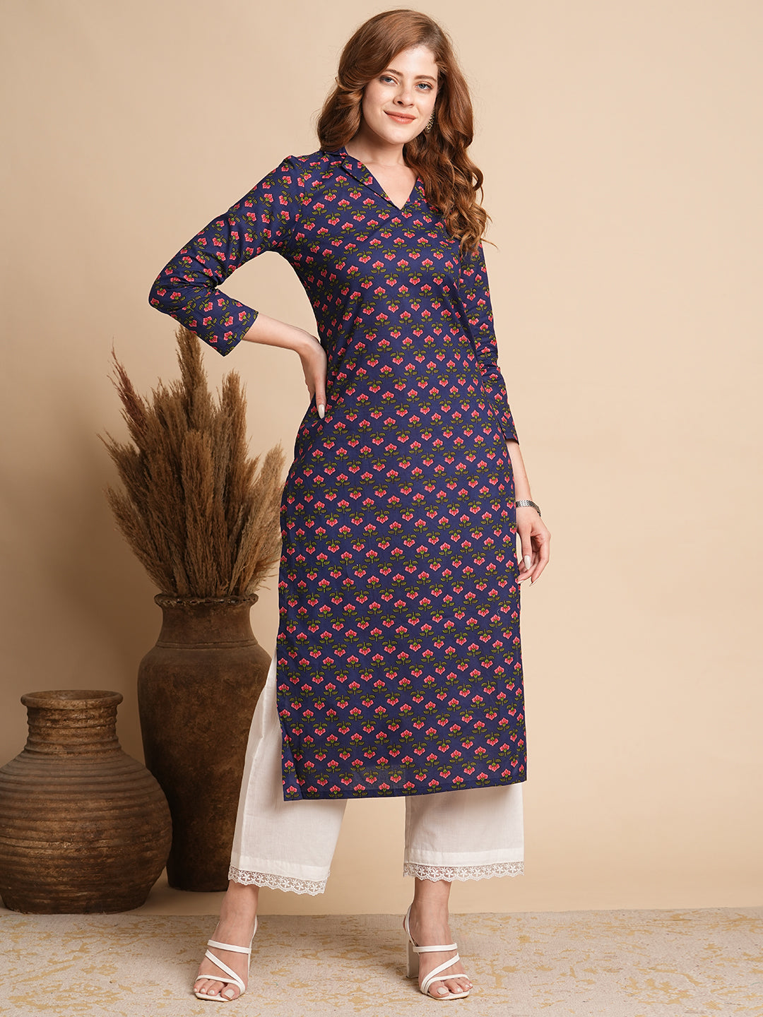 Floral Printed Straight Fit Kurta - Blue