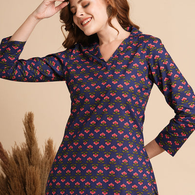 Floral Printed Straight Fit Kurta - Blue