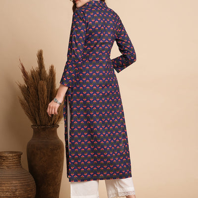 Floral Printed Straight Fit Kurta - Blue