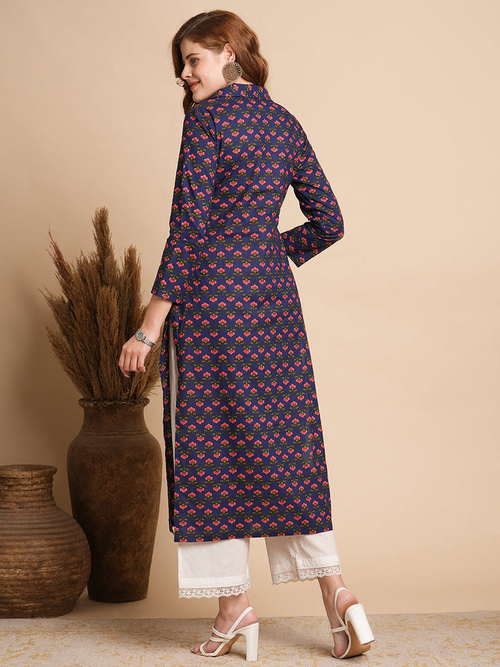 Floral Printed Straight Fit Kurta - Blue