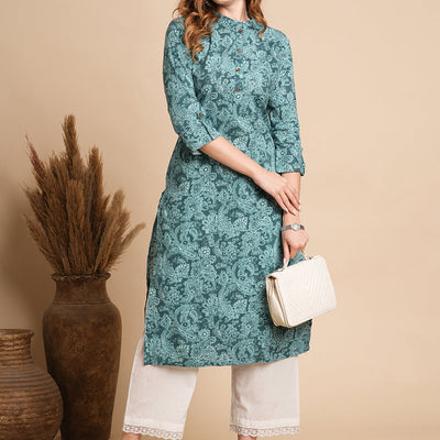 Ethnic Floral Printed Straight Fit Kurta - Sea Green