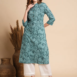 Ethnic Floral Printed Straight Fit Kurta - Sea Green