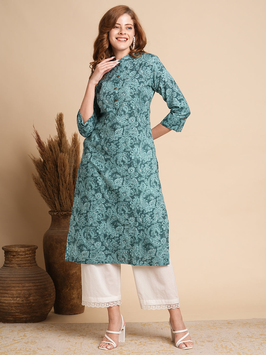 Ethnic Floral Printed Straight Fit Kurta - Sea Green