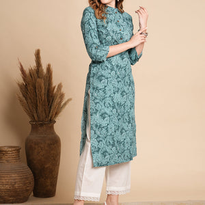Ethnic Floral Printed Straight Fit Kurta - Sea Green