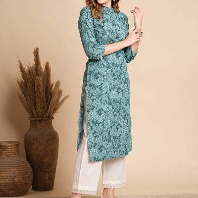 Ethnic Floral Printed Straight Fit Kurta - Sea Green