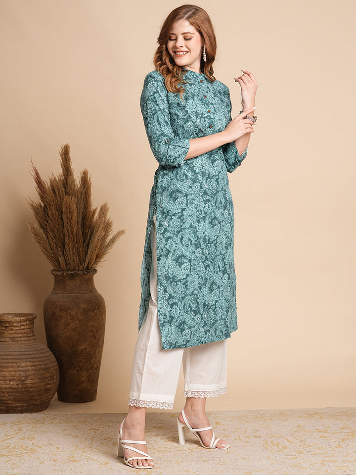 Ethnic Floral Printed Straight Fit Kurta - Sea Green