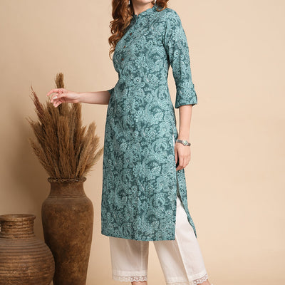Ethnic Floral Printed Straight Fit Kurta - Sea Green