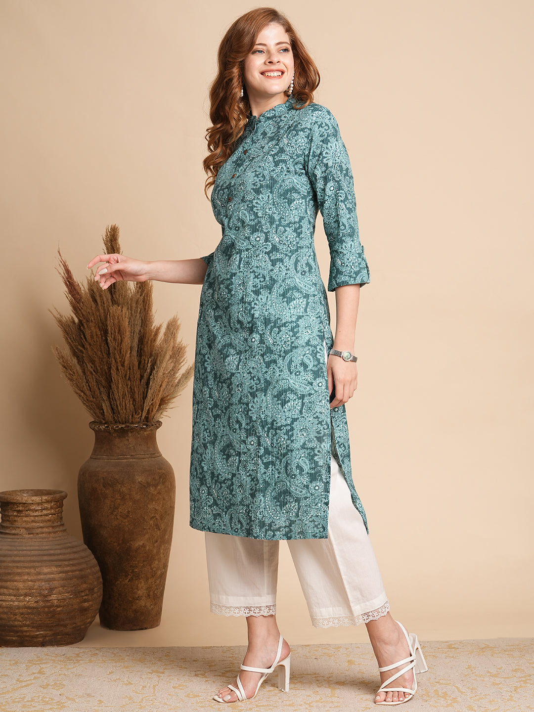 Ethnic Floral Printed Straight Fit Kurta - Sea Green