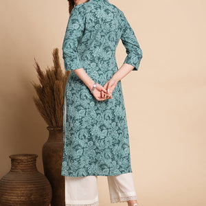 Ethnic Floral Printed Straight Fit Kurta - Sea Green