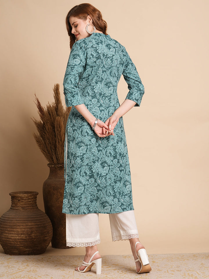 Ethnic Floral Printed Straight Fit Kurta - Sea Green