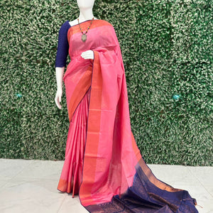 Blue Pink South Handloom Kanjivaram Soft Silk Saree