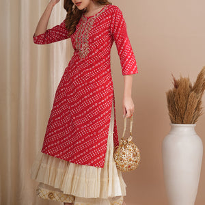 Bandhani Printed & Gota Patti Embroidered Straight Fit Kurta - Red